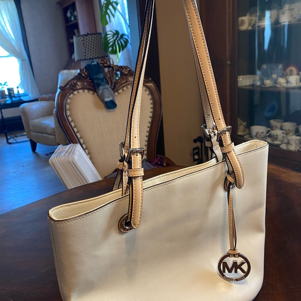 Michael Kors Cream Leather Shoulder Tote with Gold MK Charm